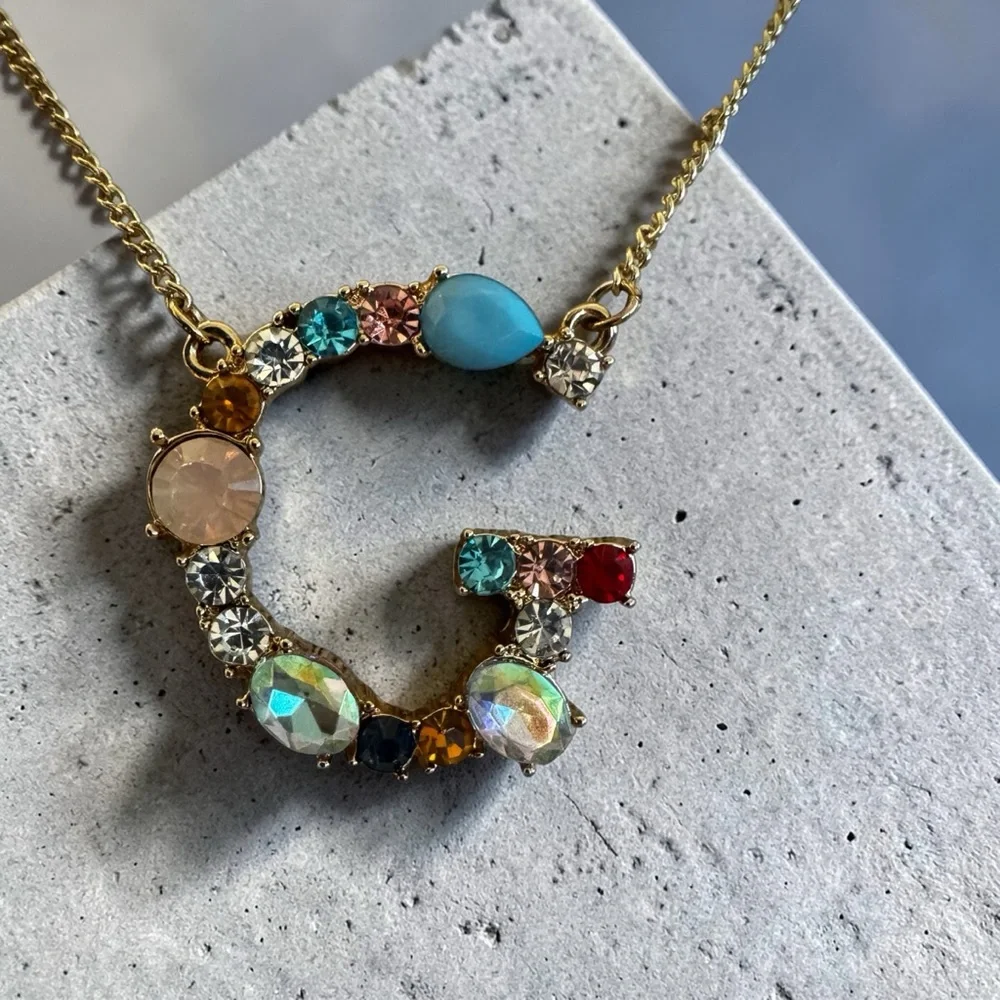 Initial G Necklace w Multicolor Gemstones - Picture 4 of 5